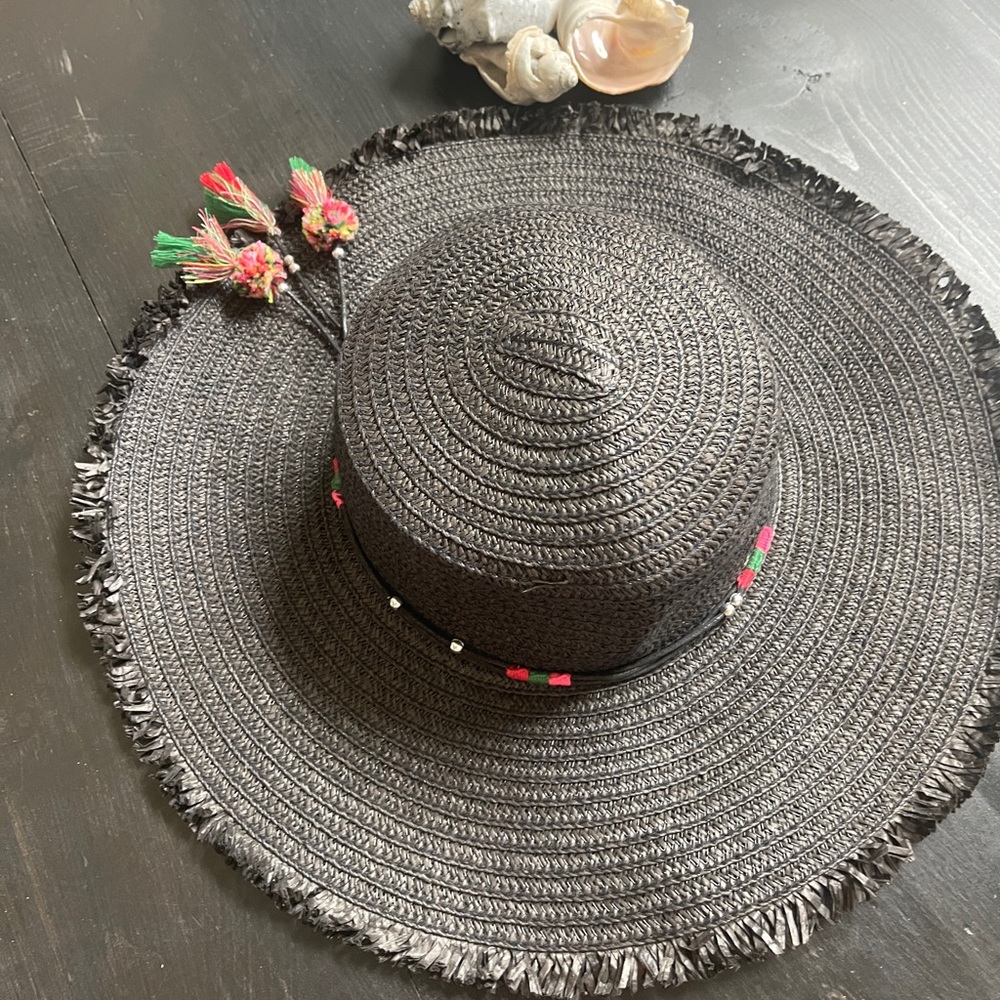 Black Woven Sun Hat with Colorful Tassels
